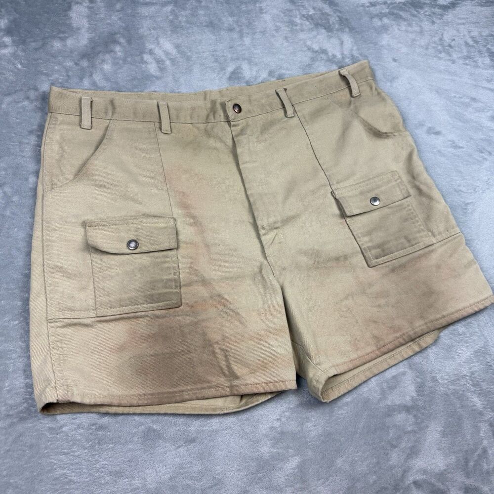 Vintage 80s Activewear Made USA Khaki Cargo Utility Shorts Military Safari 36